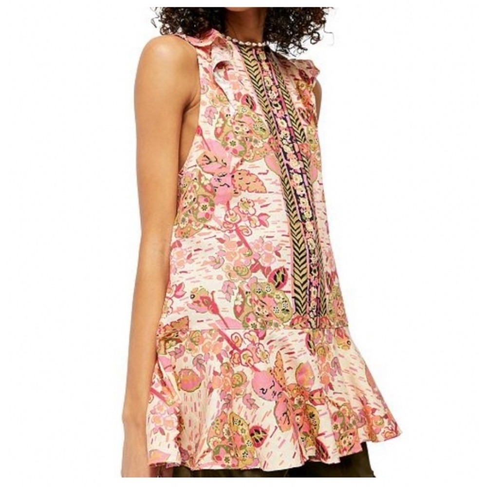 Free People Summer In Tulum Tunic Large Pink Boho Linen Summer Peplum Ruffle - Picture 3 of 8